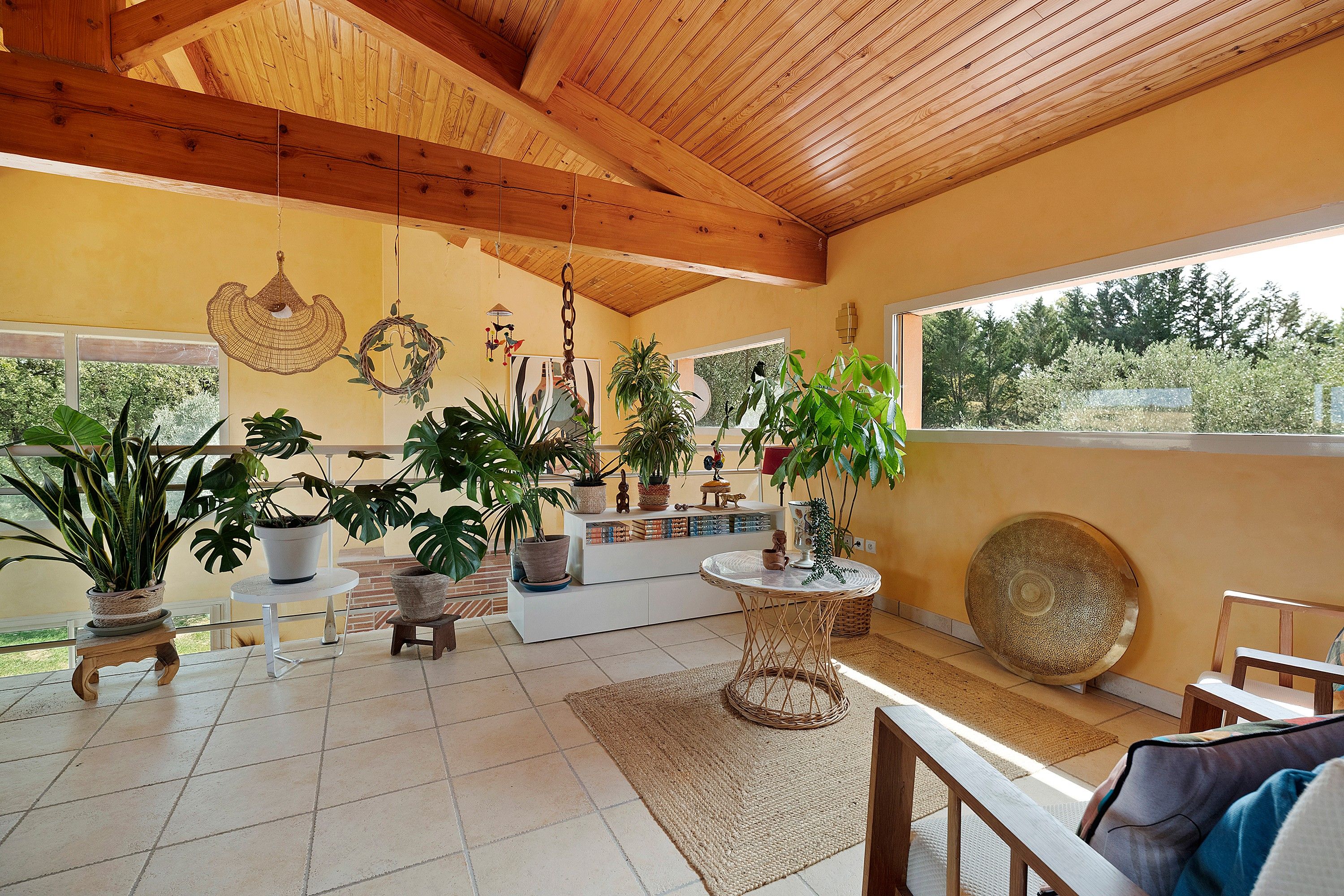 Una habitación espaciosa con techo alto, vigas de madera, ventanas amplias y varias plantas en macetas.