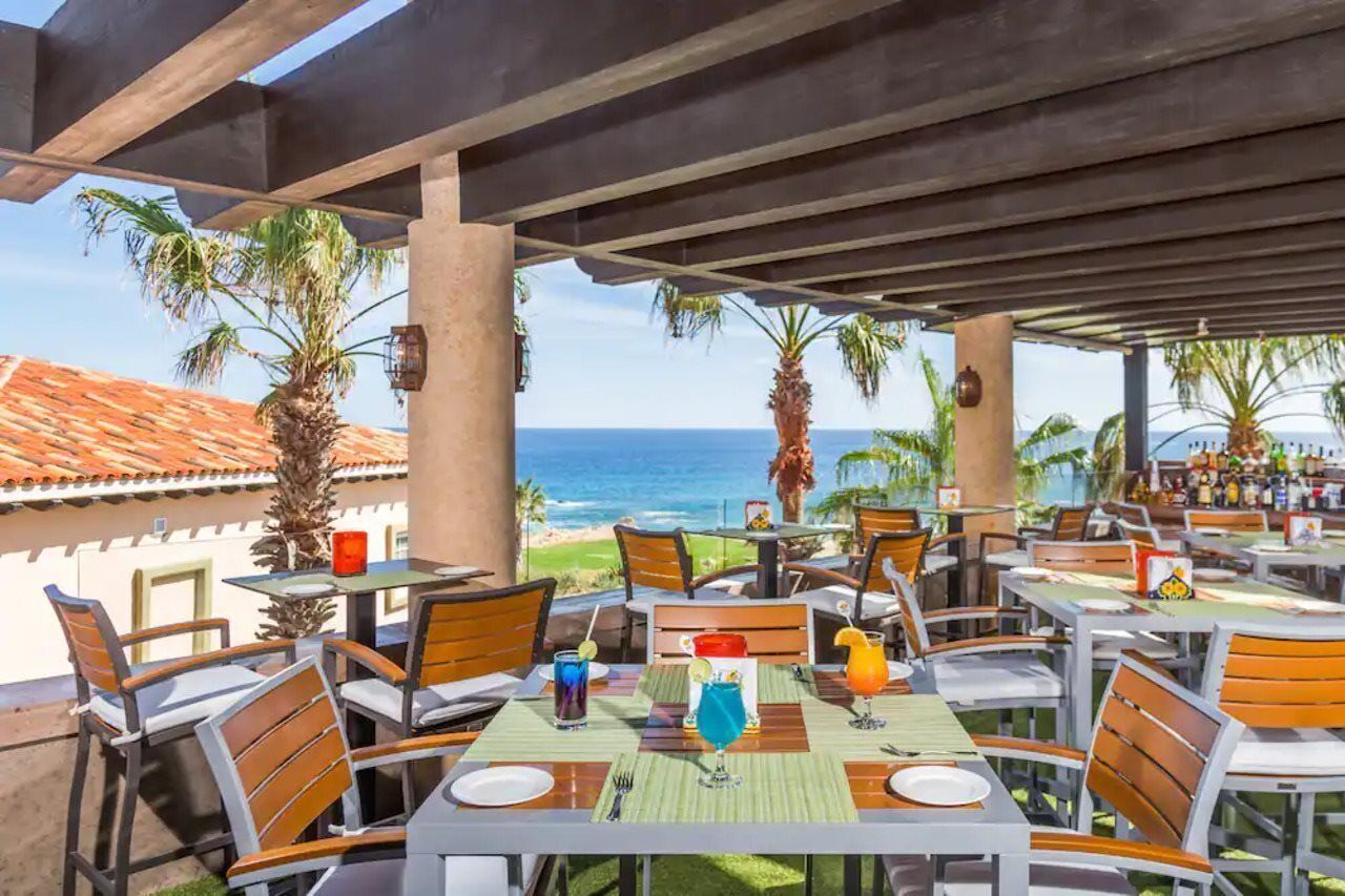 An outdoor dining area with tables and chairs, a view of the ocean, and palm trees.