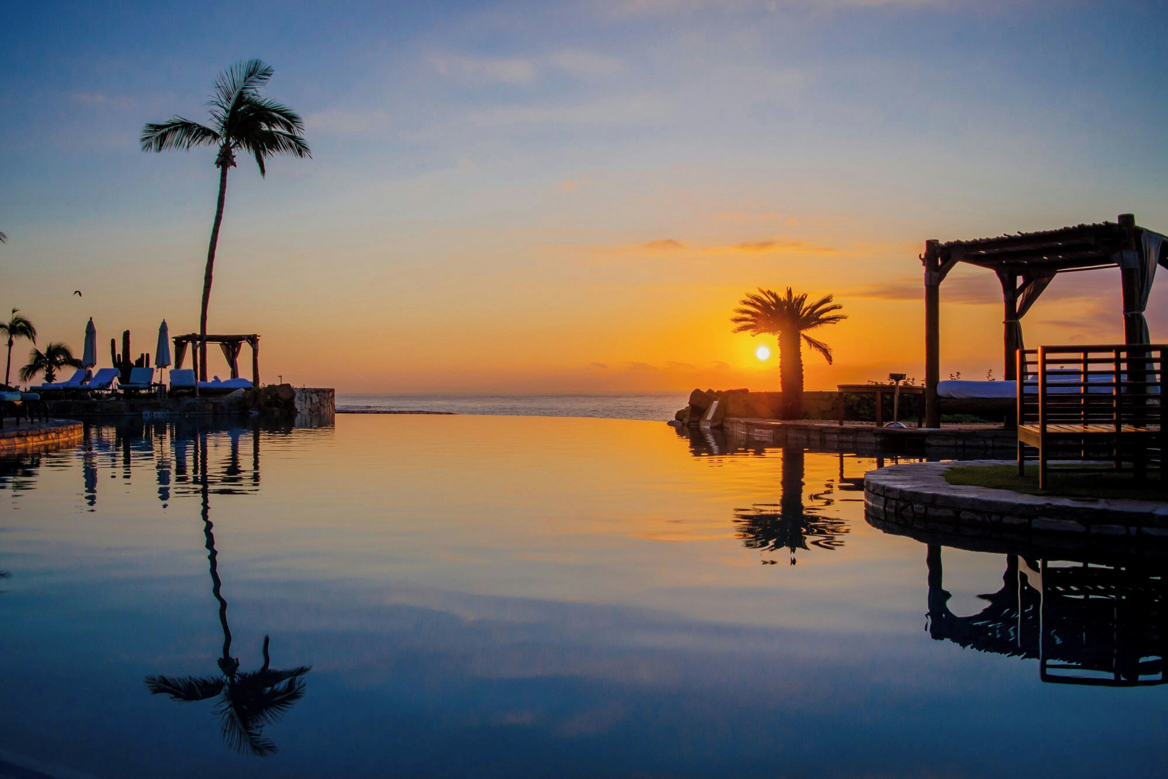 A tranquil infinity pool reflecting the sunset, surrounded by palm trees and a wooden pergola.