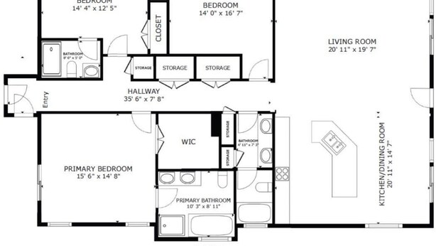 A floor plan of a property with two bedrooms, a living room, a kitchen/dining room, a primary bedroom, a primary bathroom, a WC, and a hallway. - Waterview 3BR | Steps to Beach with Pool (Carolina Beach)