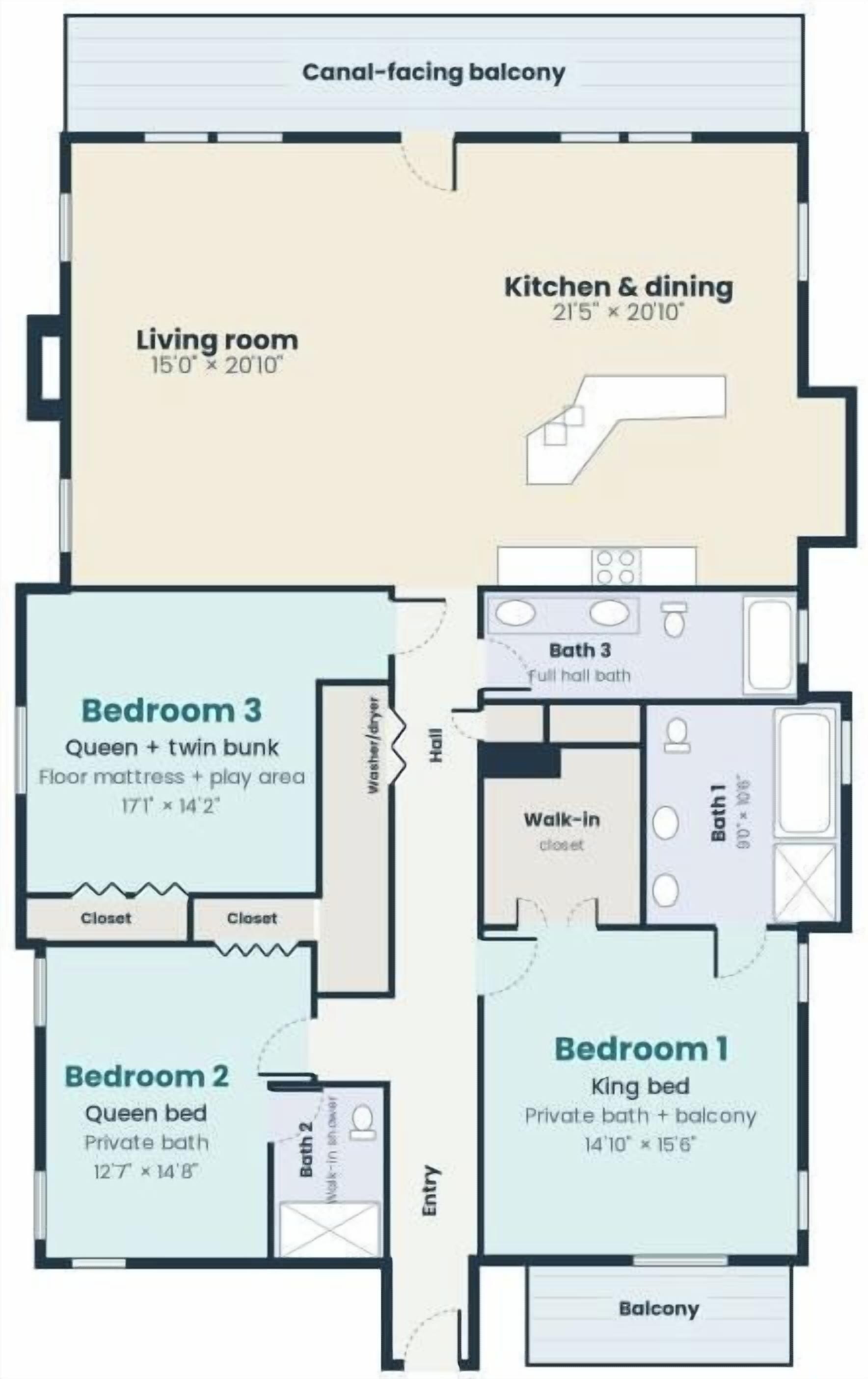 A floor plan of a hotel with a living room, kitchen, three bedrooms, a balcony, and a walk-in closet.