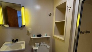 Casa de banho com sanita, lavatório, espelho e zona de duche.
