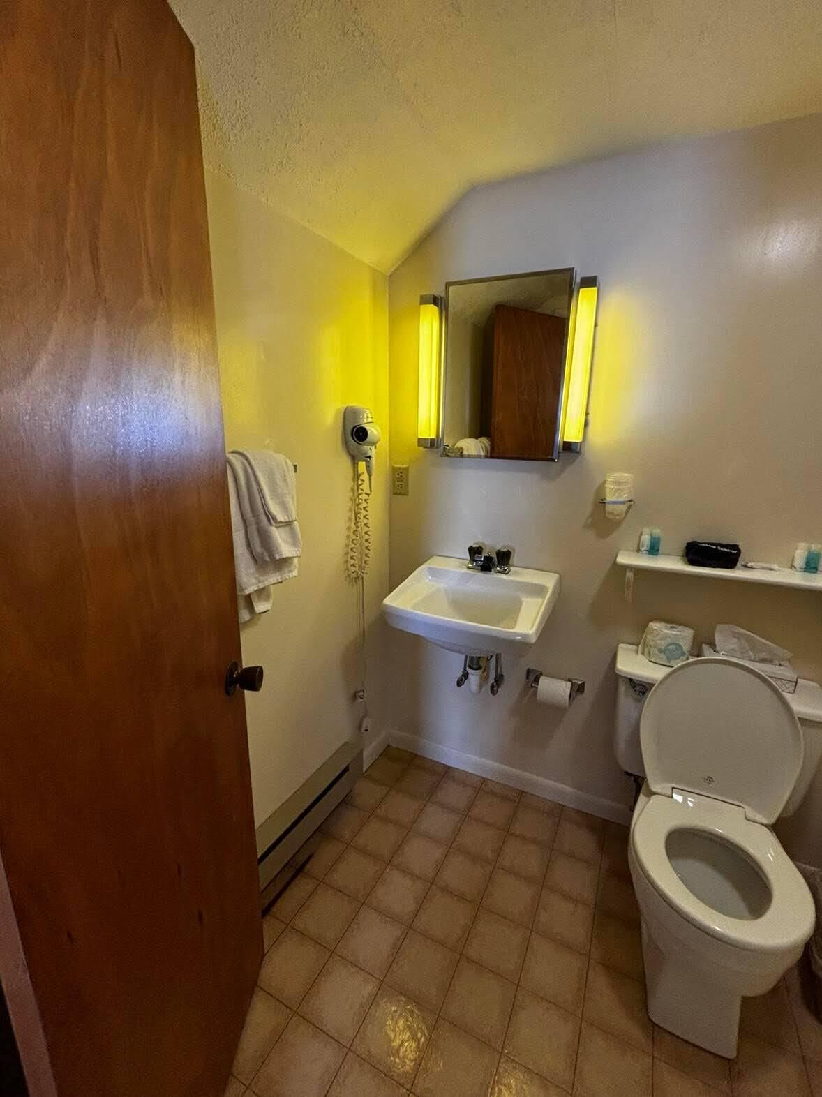 Hair dryer, towels, soap, toilet paper