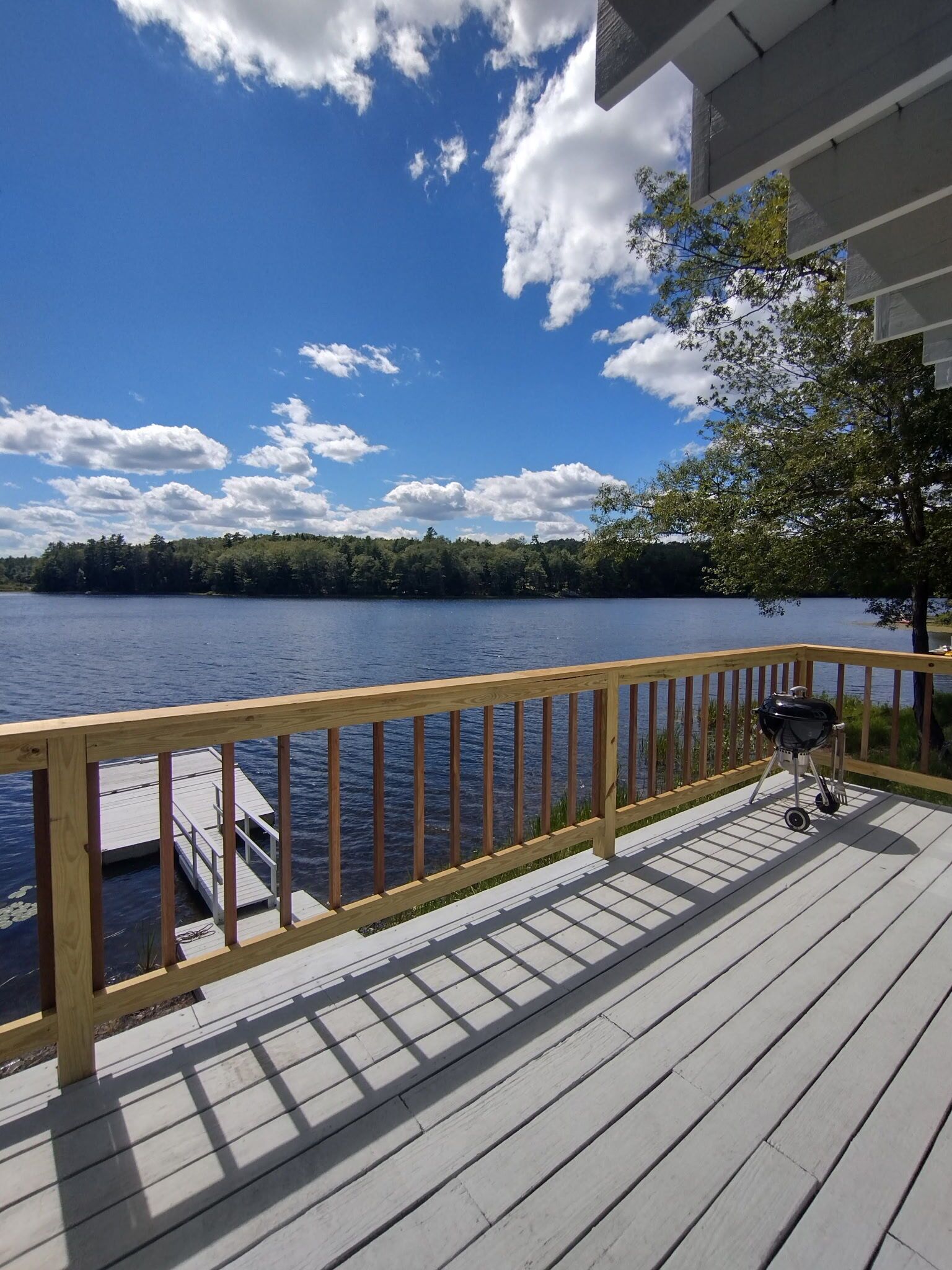Eine Holzterrasse mit Grill, mit Blick auf einen See, an dem eine Anlegestelle und Bäume im Hintergrund zu sehen sind.