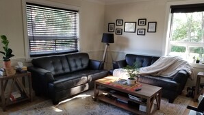 A living room with a black leather sofa, a wooden coffee table, and a patterned rug. There are framed pictures on the wall and a potted plant on the windowsill. - Otto Street, Osgoode. (osgoode)