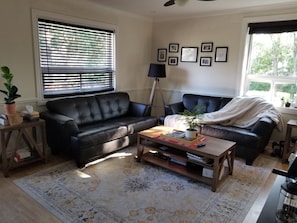 Ein Wohnzimmer mit einer schwarzen Ledersofa, einem Holztisch und einem gemusterten Teppich. An der Wand hängen Bilderrahmen und am Fensterbrett steht ein Blumentopf.