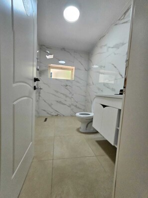 Hair dryer, towels, soap, toilet paper