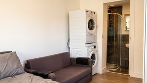 Ein kleines Zimmer mit einer Couch, einer Waschmaschine und einer Duschkabine.