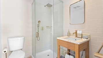 A modern bathroom with a glass-enclosed shower, a white toilet, and a wooden vanity with a sink.