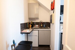 A compact kitchenette with a refrigerator, sink, and a small countertop.