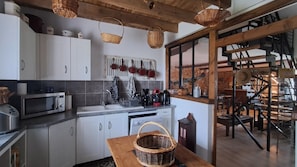 Coffee/tea maker, fridge, microwave, stovetop - Red and Yellow Rooms, Table d'Hôte with Terrace, Shared Garden and Wi-Fi (Fursac)
