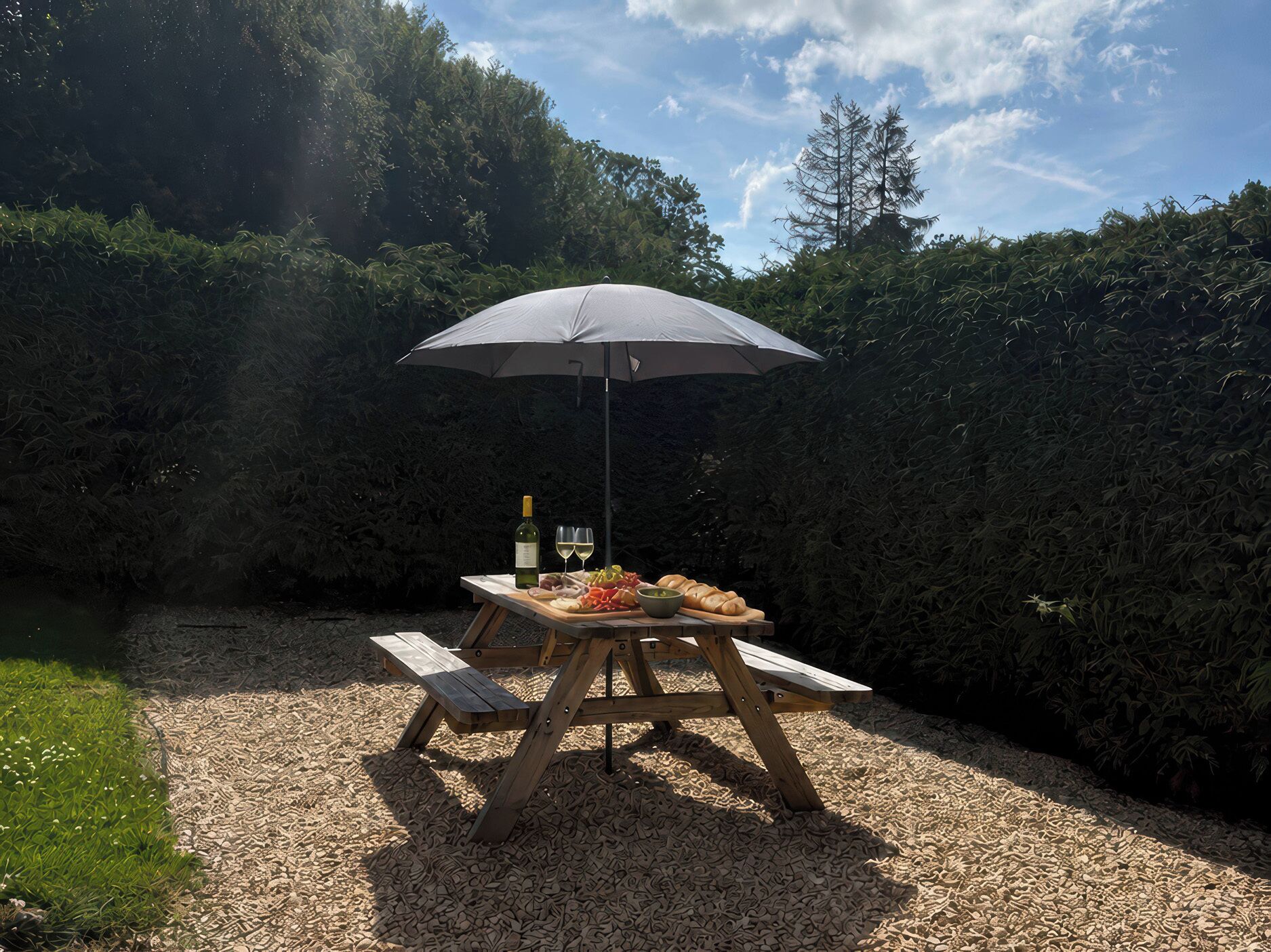 Un espace extérieur aménagé pour prendre les repas, avec une table de pique-nique, un parasol et une bouteille de vin.
