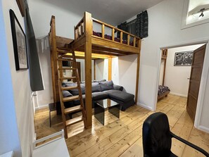 Une pièce avec un lit en mezzanine, un canapé, une échelle et une porte.