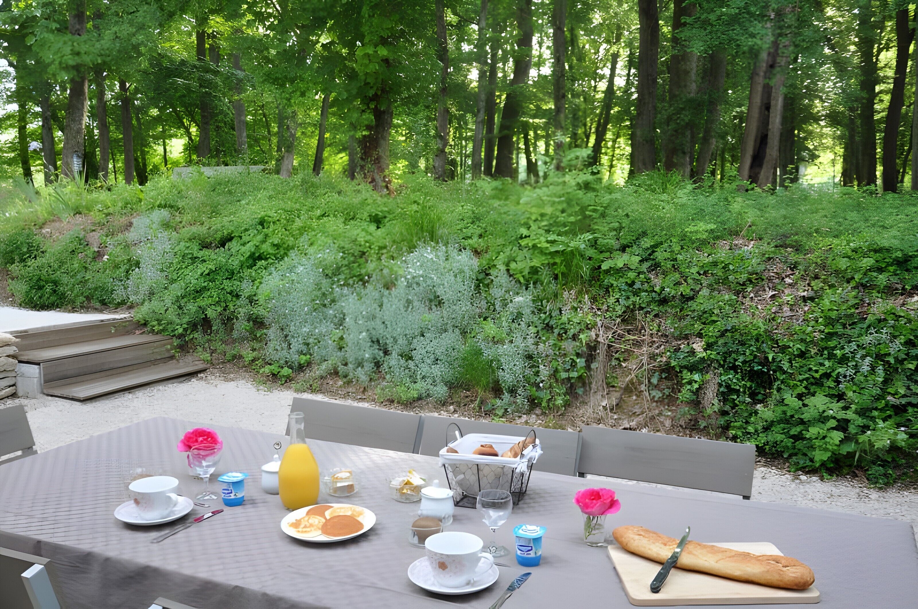 An outdoor dining area with a table set for breakfast, surrounded by lush greenery and trees.