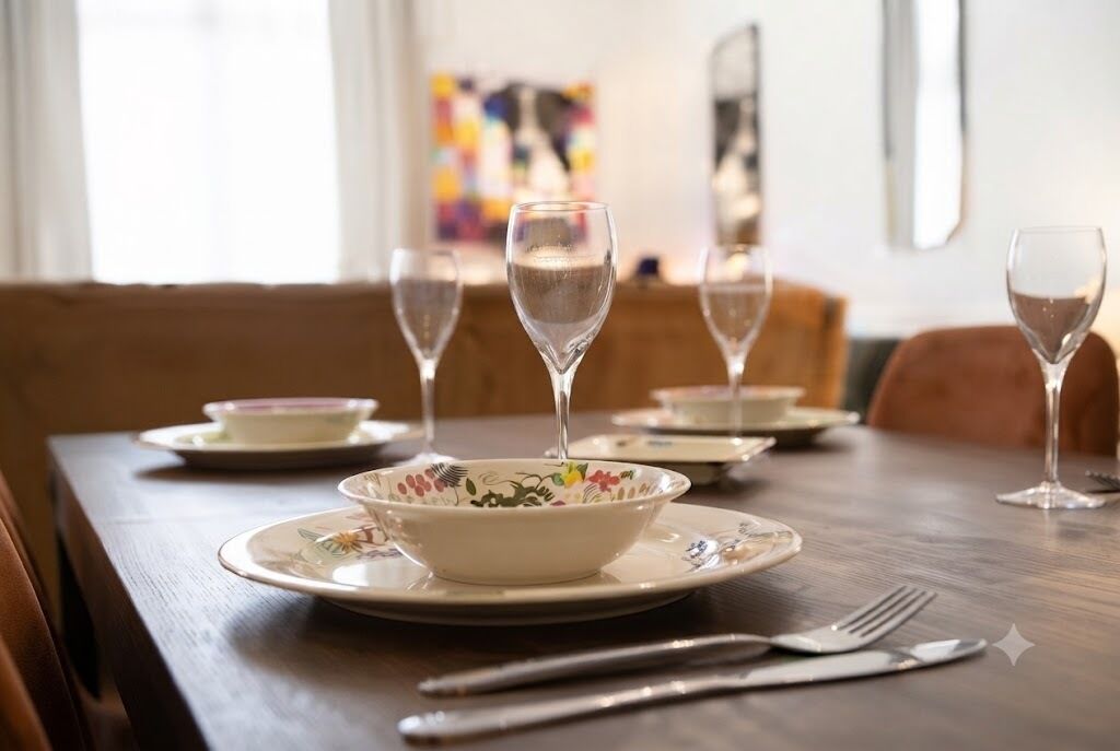 Una mesa de comedor con platos, tazones, cubiertos y copas de vino.