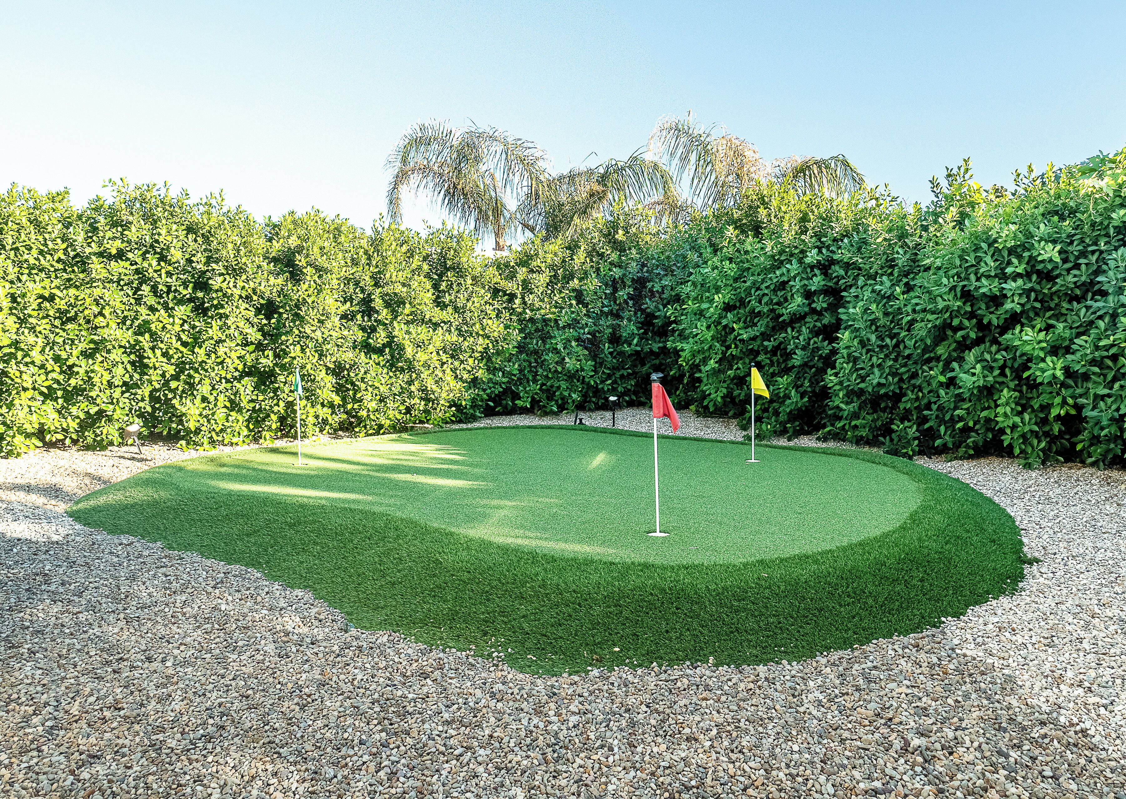 A well-maintained golf course with a putting green, two flags, and a dense hedge in the background.