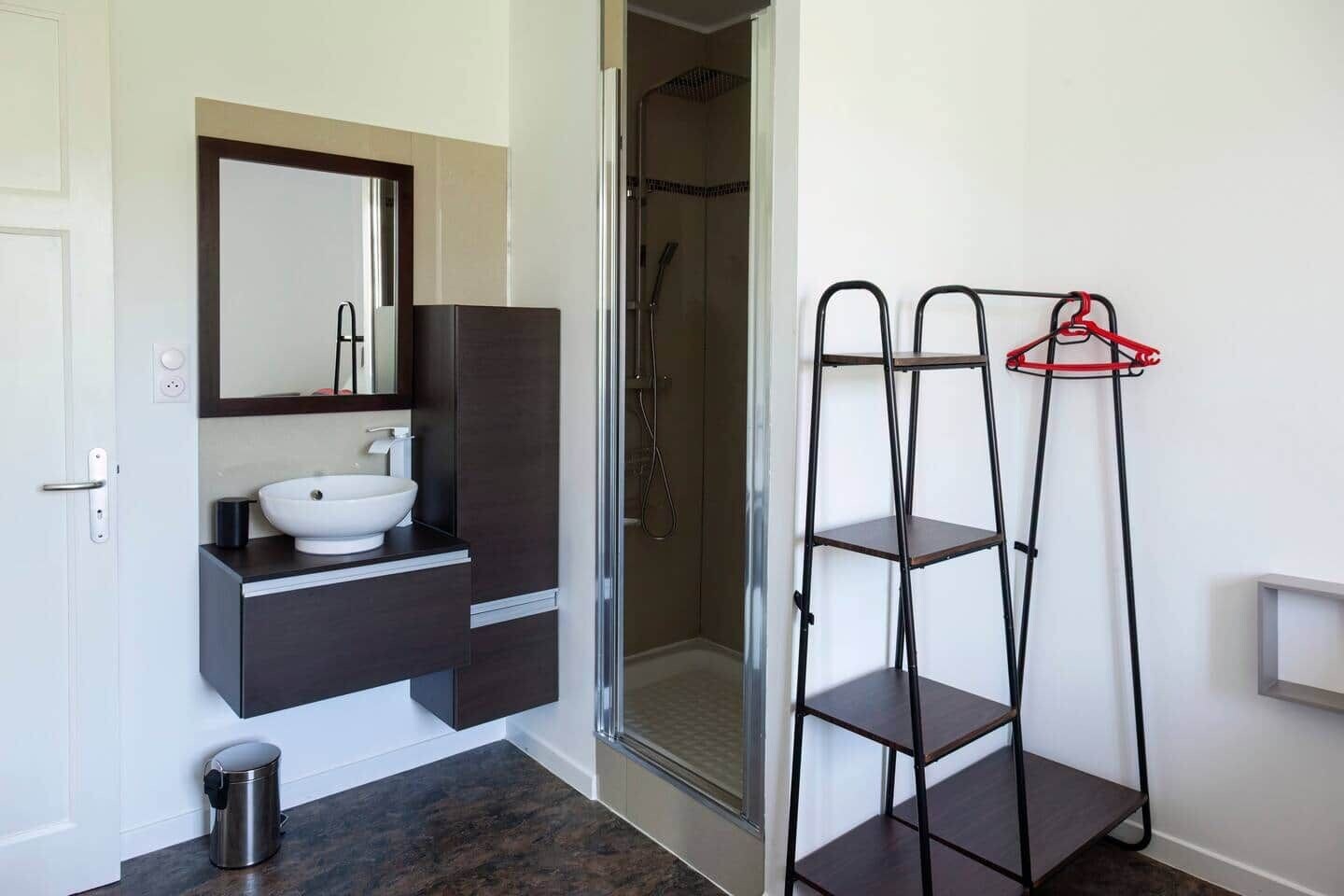 Een badkamer met een witte wasbak, donkere kastjes, een spiegel en een douchecabine.