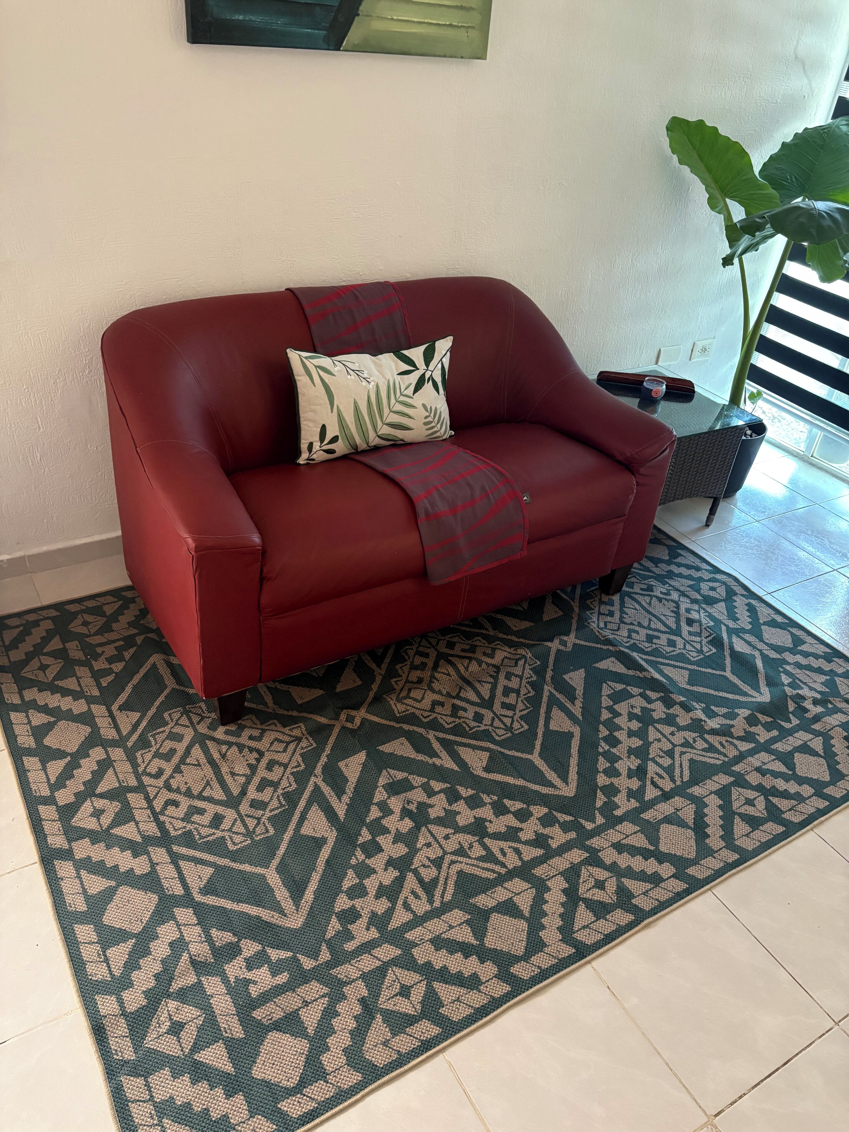 A red leather sofa with a patterned throw blanket and a decorative pillow, placed on a patterned rug.