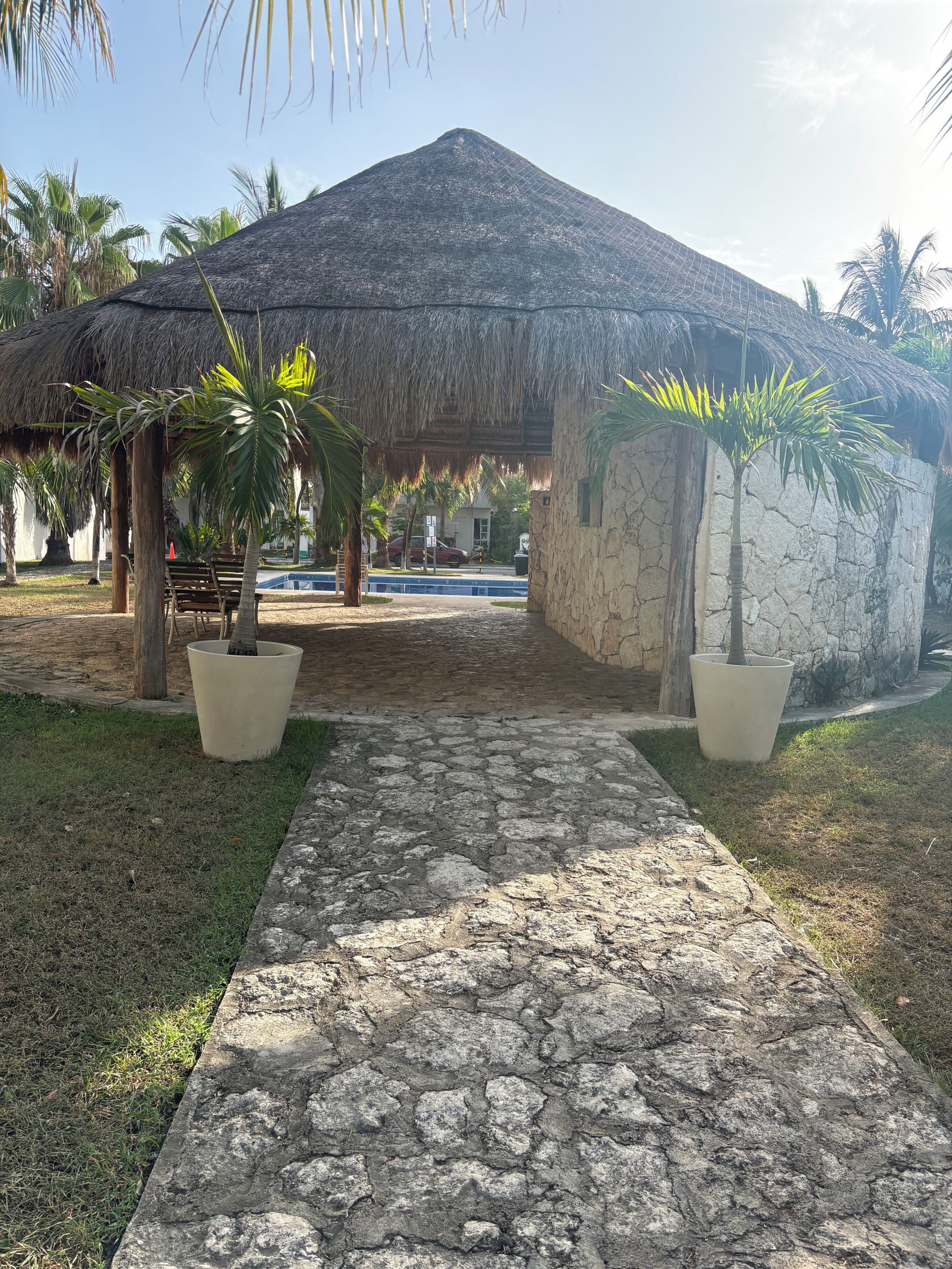 A pathway leading to a thatched-roof structure with palm trees and potted plants.