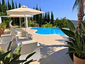 Ein Swimmingpool mit Liegestühlen und Sonnenschirm, umgeben von viel Grün und hohen Bäumen.