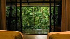 Ein Zimmer mit zwei Betten, Holzboden und Blick auf einen dichten Wald durch große Fenster.