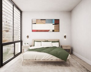 A modern bedroom with a large window, a bed with green bedding, a wall-mounted abstract painting, and two bedside lamps. - Summer 2027 - Brand New Luxury Vacation Rental in Lewes, Delaware, 5 bedrooms (Lewes)