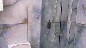 Shower, hair dryer, towels, toilet paper