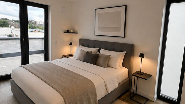 Een moderne slaapkamer met een groot bed, nachtkastjes, een ingelijst schilderij aan de muur en uitzicht door een groot raam.