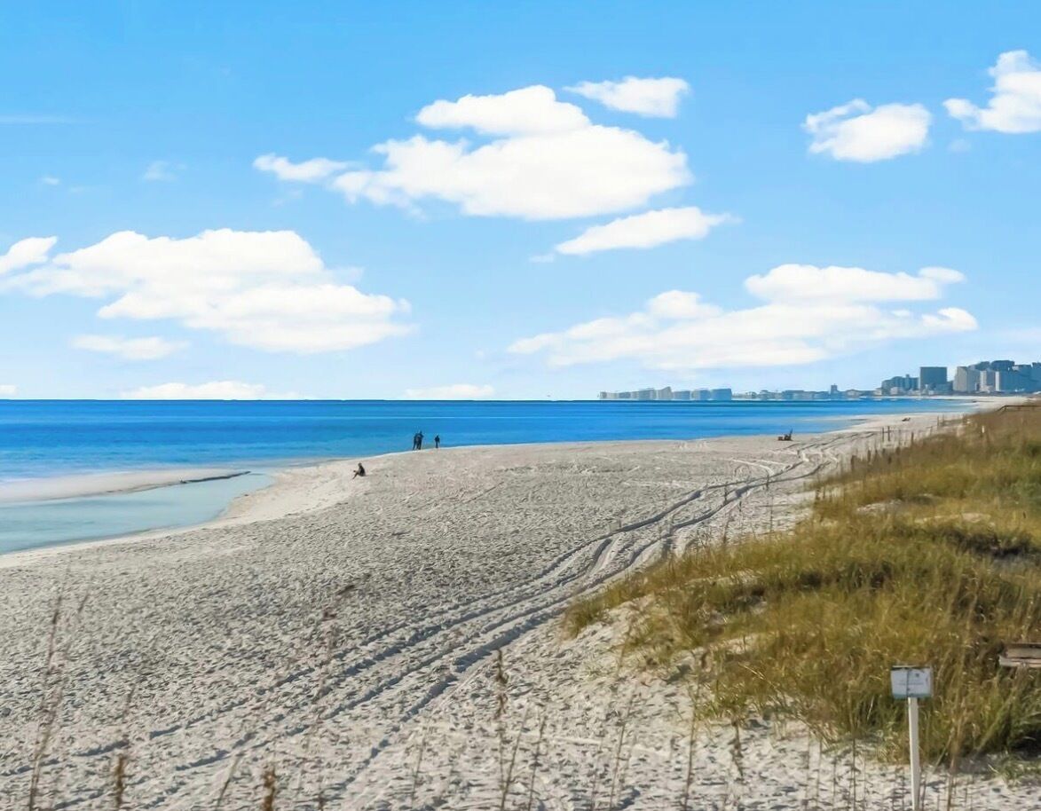 A beach with a clear sky, sandy shore, and distant buildings.
