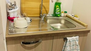 Eine Küche mit Spüle, Wasserkocher, Geschirrgestell und einer Flasche Spülmittel.