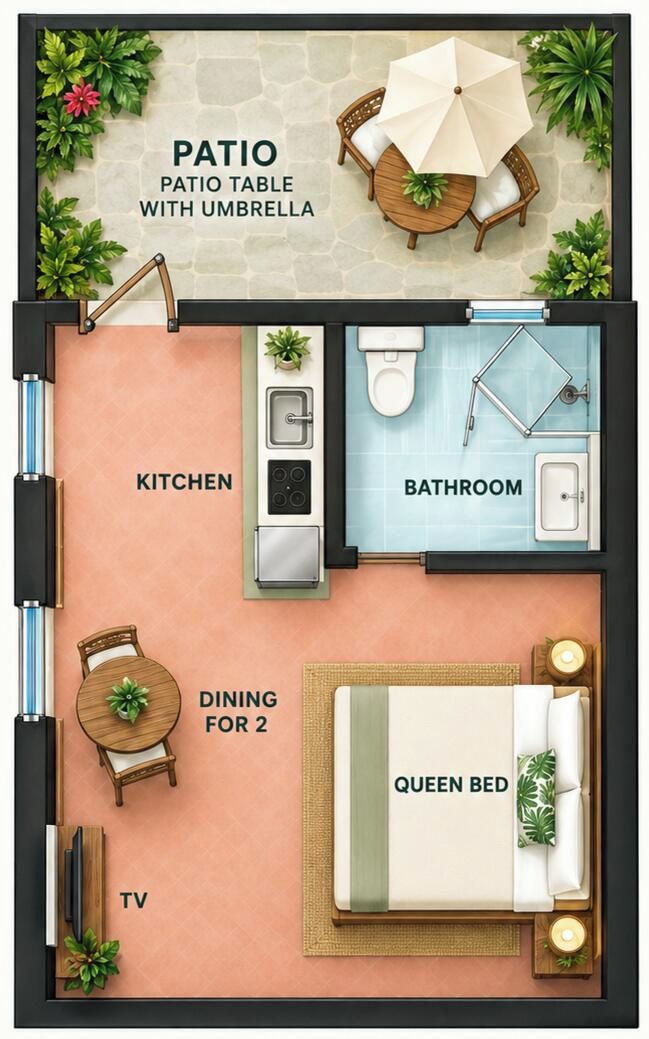 Planta baixa de um quarto de hotel com varanda, cozinha, banheiro, área de refeições, cama de casal e televisão.
