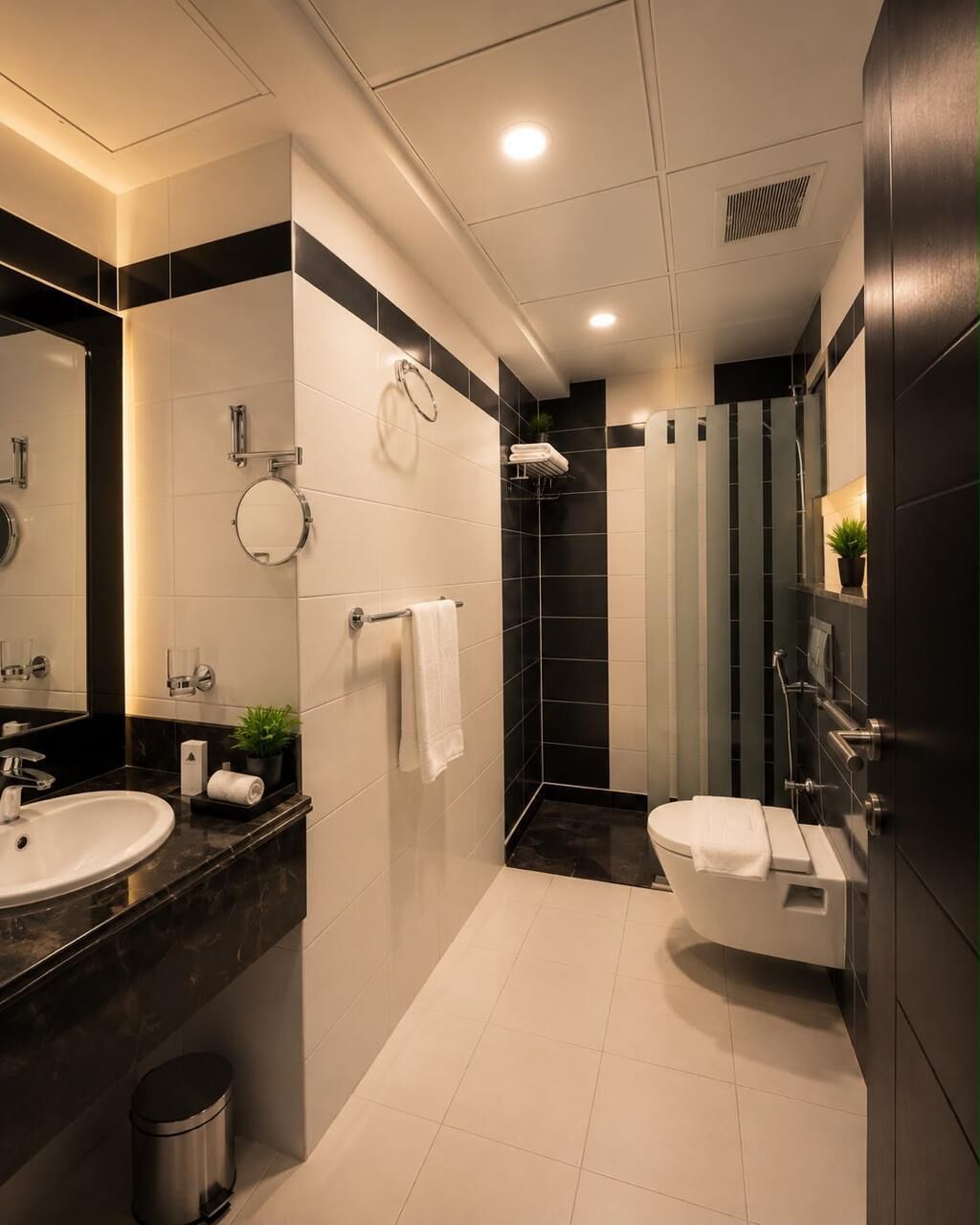 Uma casa de banho moderna com uma sanita branca, uma casa de banho e uma área de duche.