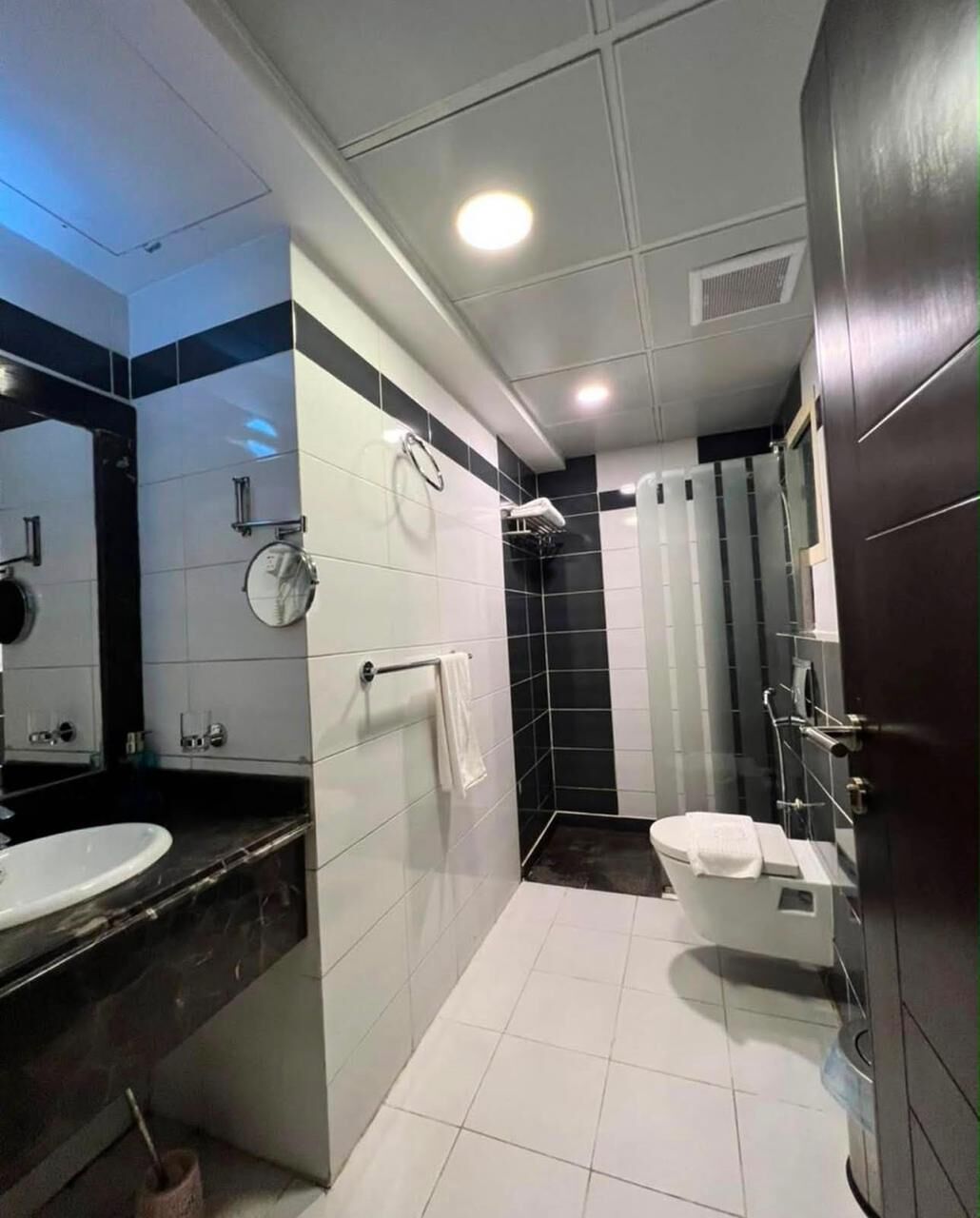 A modern bathroom with a white sink, a toilet, a shower, and a dark wooden door.