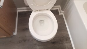 Un waterino bianco con il coperchio abbassato in un bagno con pavimento in legno.