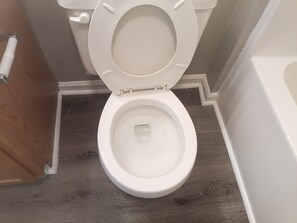 Un vàter blanc amb la tapa abaixada a un bany amb terres de fusta.