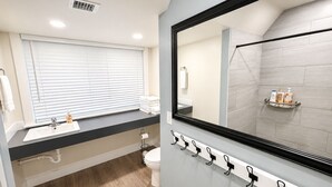 Une salle de bain moderne avec un grand miroir, un lavabo, des toilettes et un espace douche.