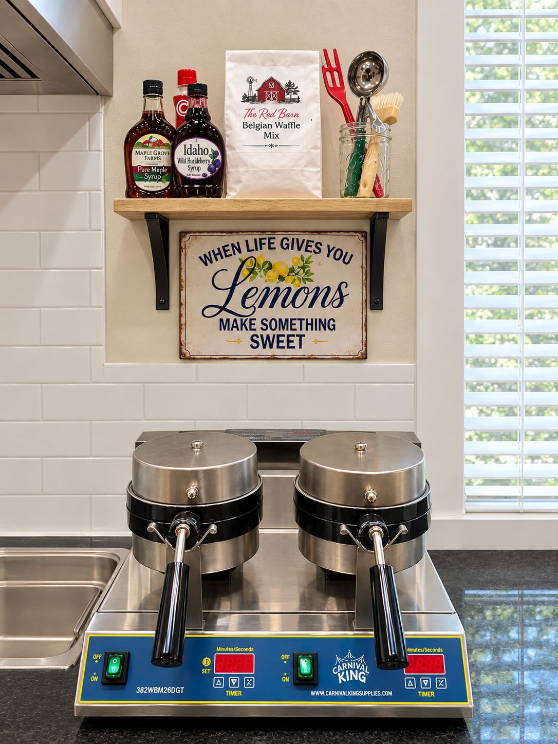 A kitchen with two waffle irons on a timer, bottles of syrup, a bag of waffle mix, and a sign with a lemon quote.
