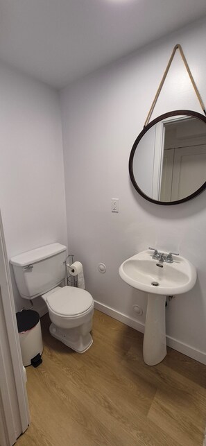 A small bathroom with a toilet, sink, and mirror.