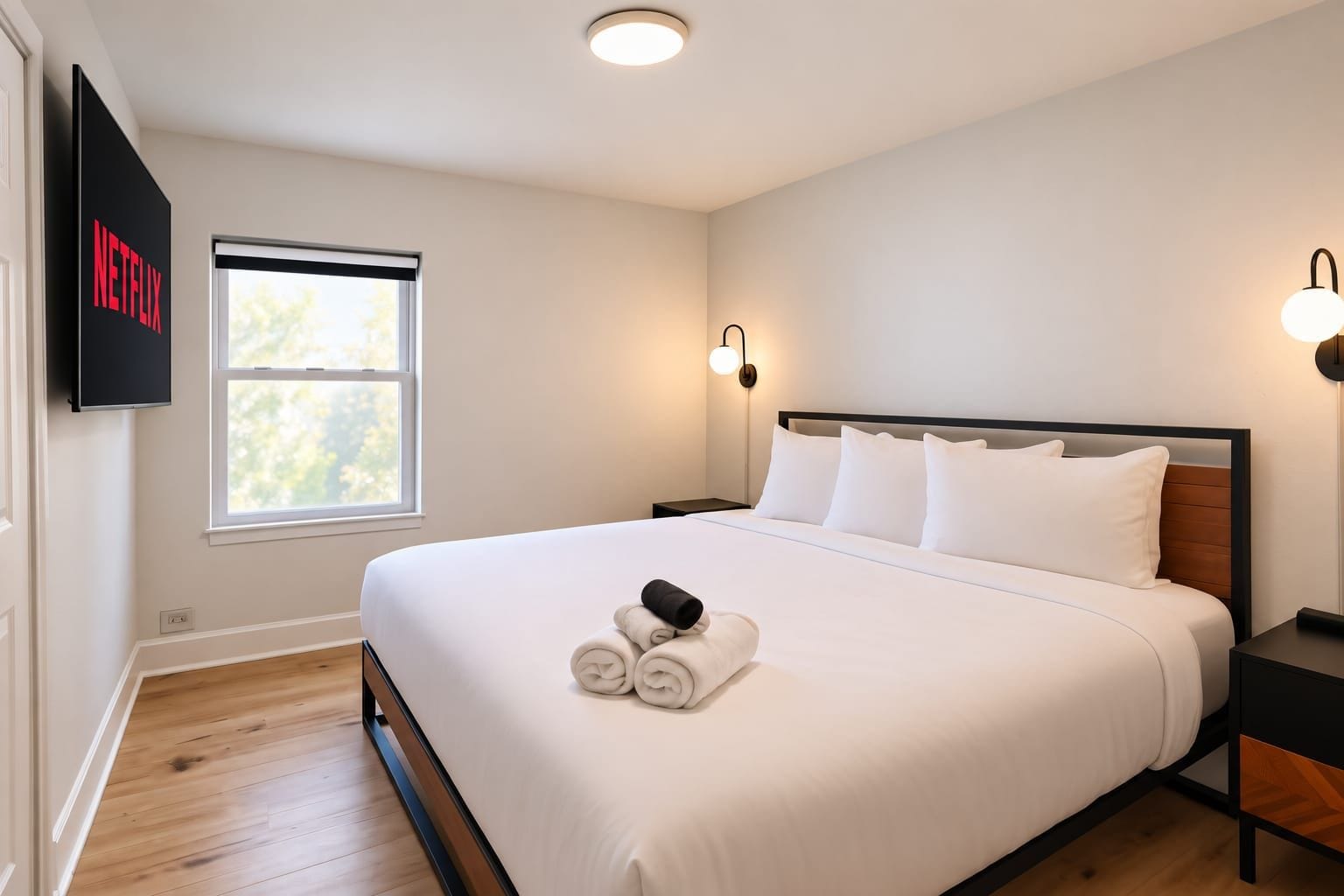 Une chambre d’hôtel avec un lit, un téléviseur fixé au mur, une fenêtre et une lampe de chevet.