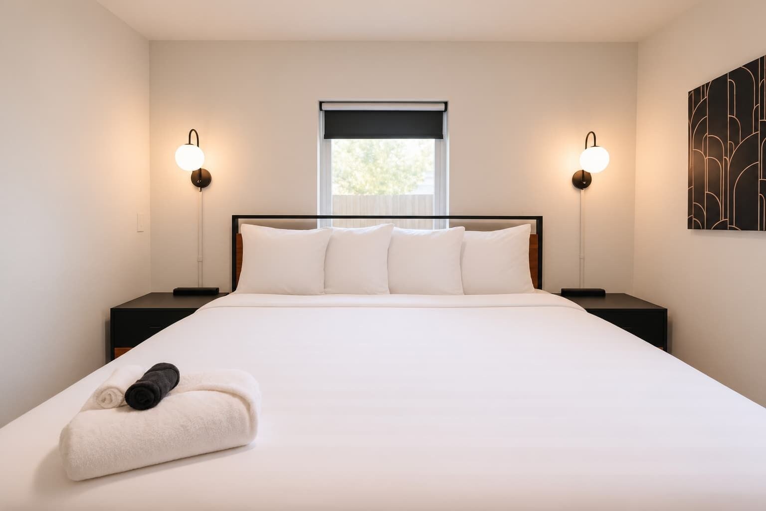 A hotel room with a large bed, two bedside tables, a window with a blind, and wall-mounted lighting.