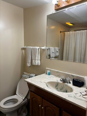 A bathroom with a toilet, sink, mirror, and towel rack. - Cozy 1-bedroom hotel room, Hamilton - #350 Oneida (Hamilton)