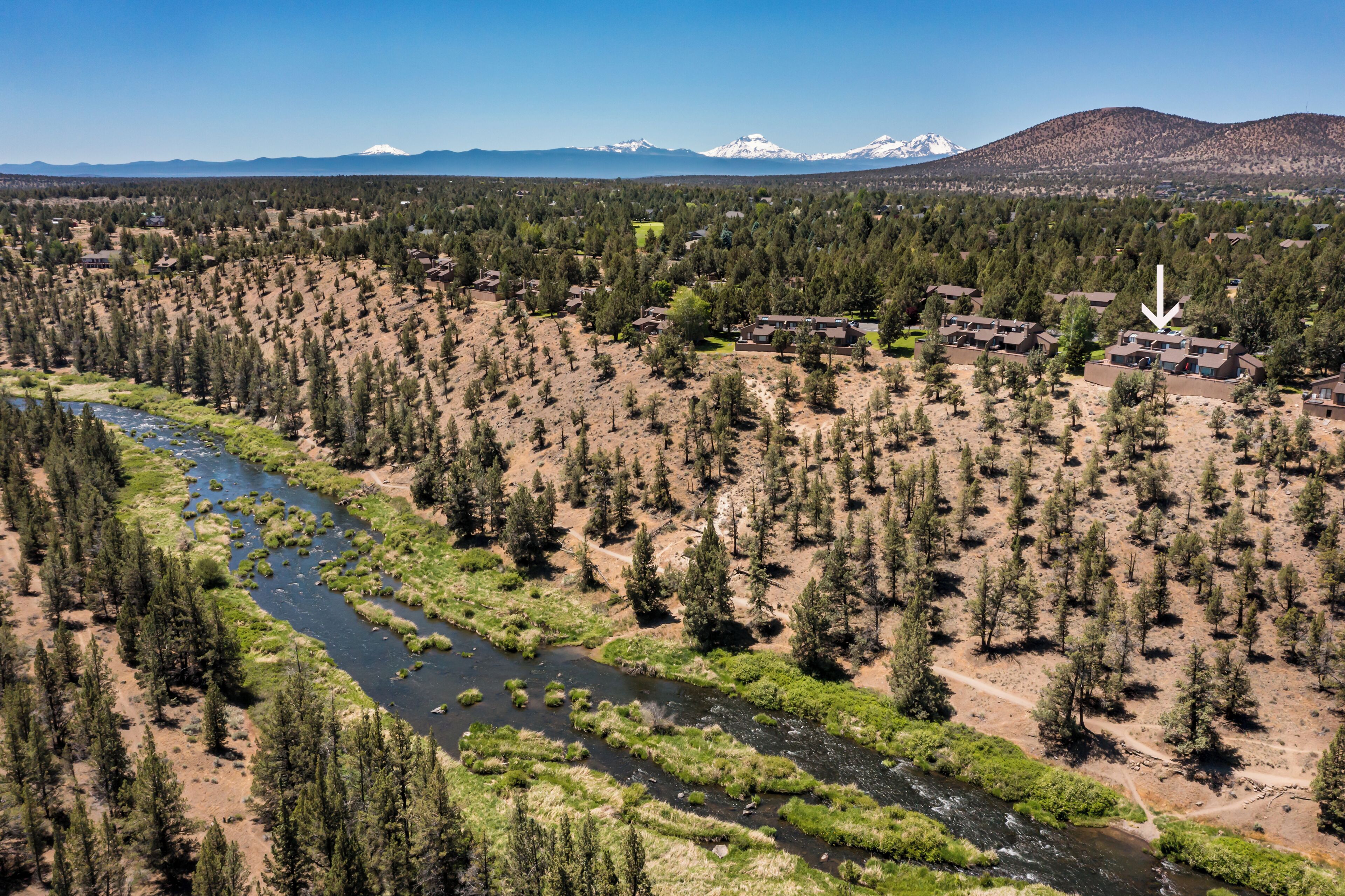 A residential area with a river, dense forest, and mountains in the background.