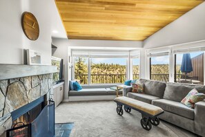 Ein modernes Wohnzimmer mit Kamin, Sitzecke und großen Fenstern mit Blick ins Freie.