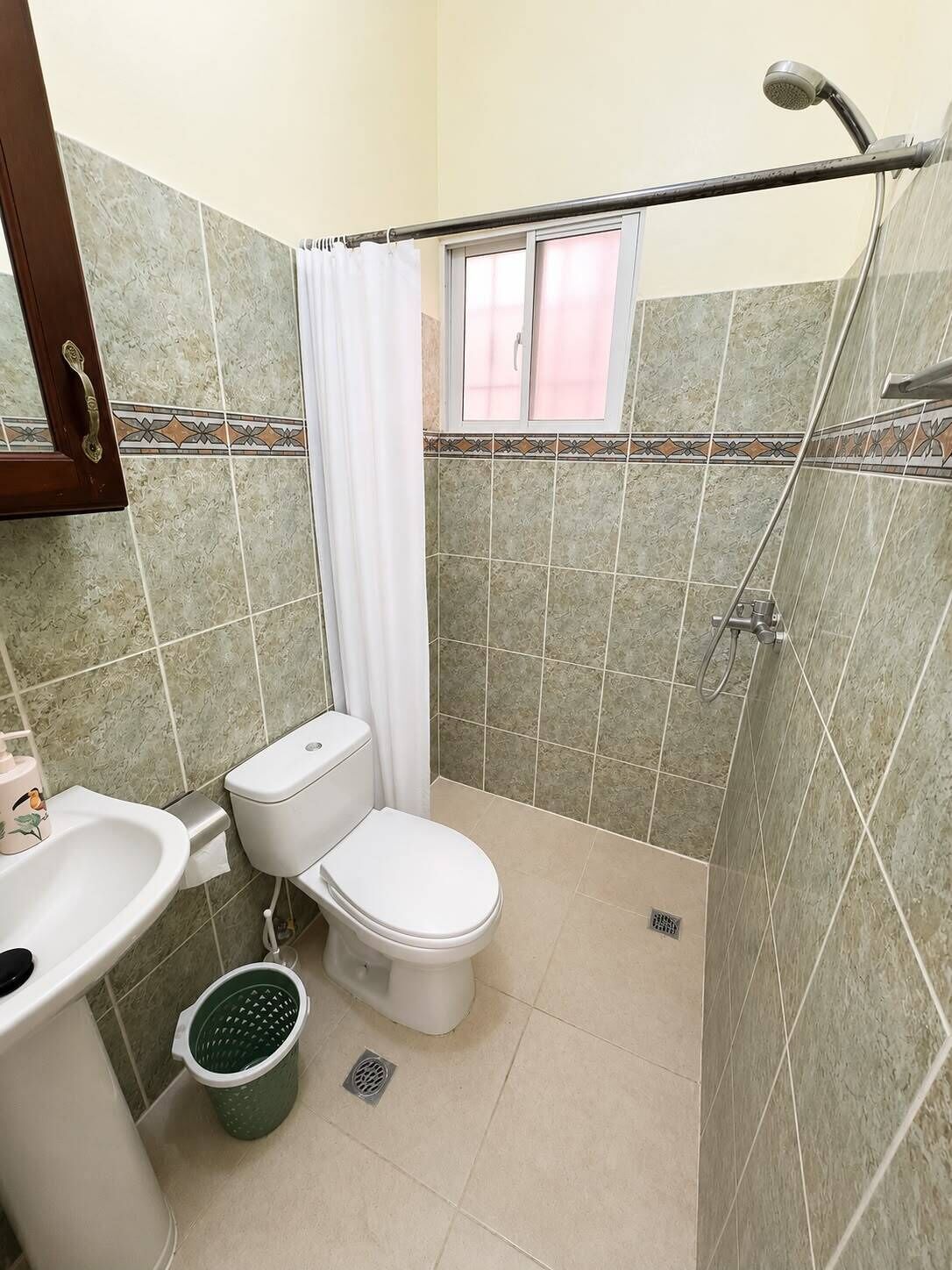 Une salle de bain avec des toilettes, un lavabo et une douche.