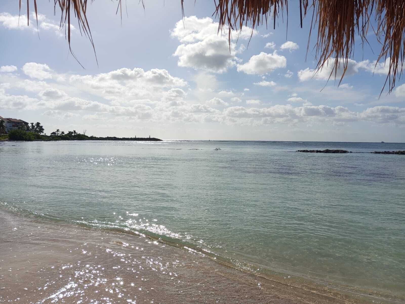 Una playa con agua cristalina, una orilla de arena y una costa lejana con edificios y vegetación.