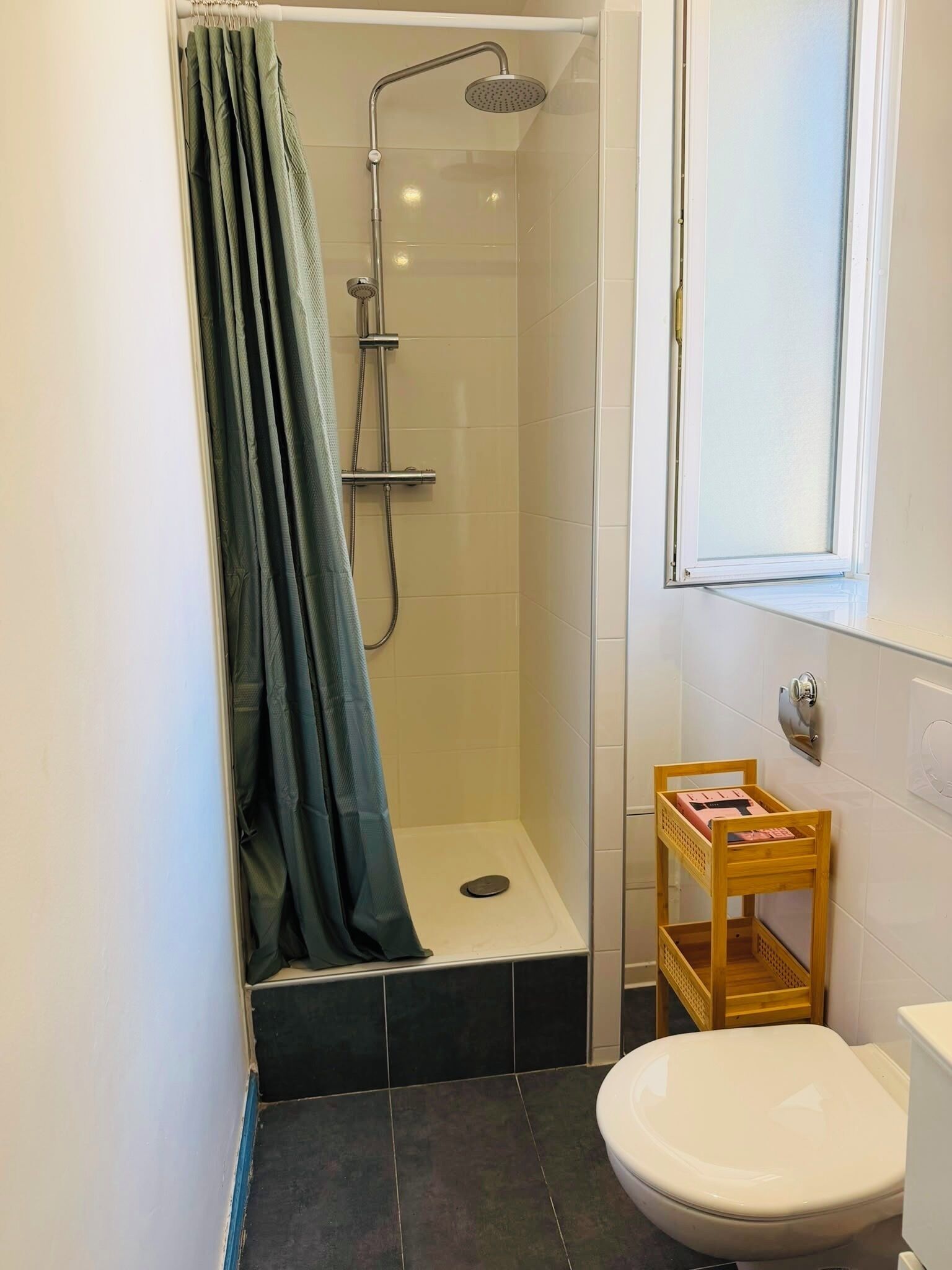 Une salle de bain avec une douche, des toilettes et une petite étagère en bois.