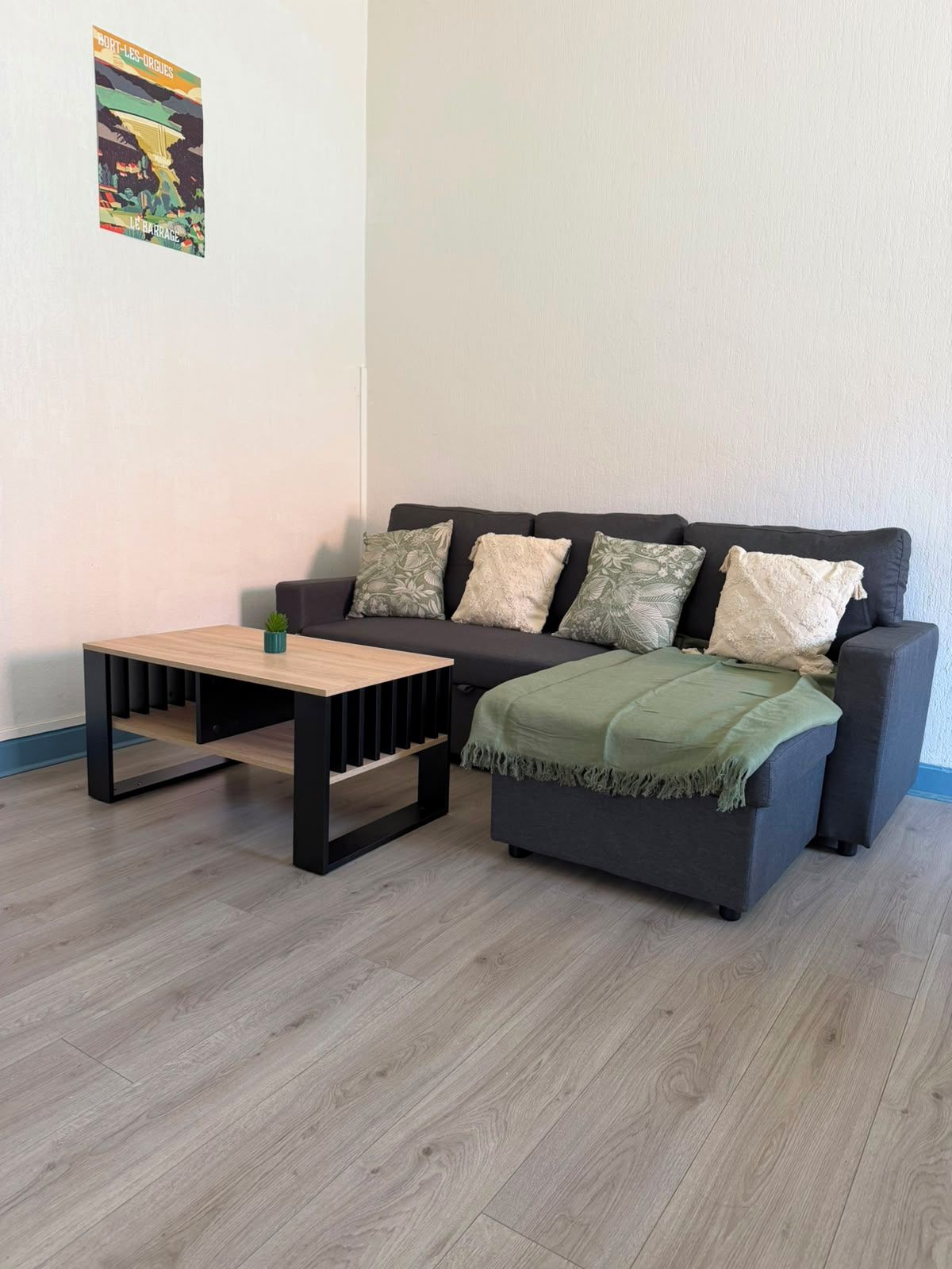 A living room with a sofa, a coffee table, and a poster on the wall.