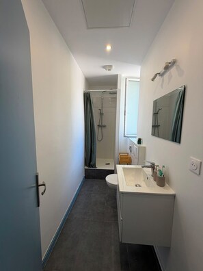 Une salle de bain moderne équipée d’une douche, de toilettes et d’un lavabo.