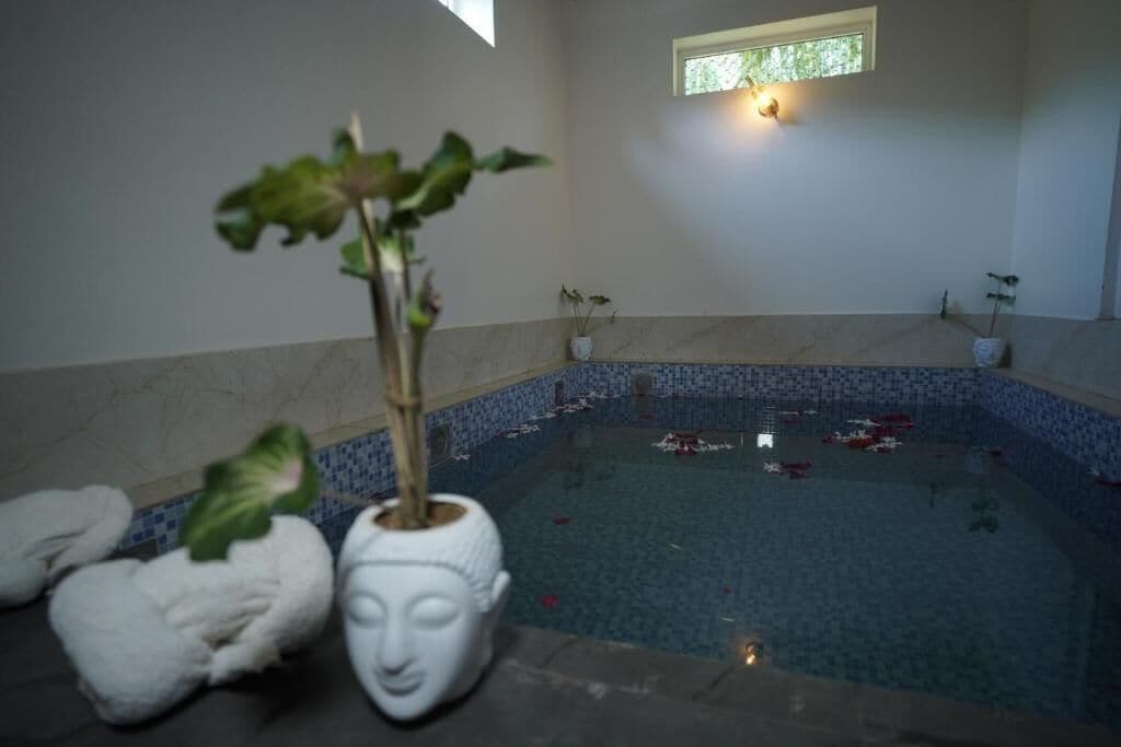 Un área de spa con una piscina azulejada, una planta en maceta y una escultura decorativa de cabeza.