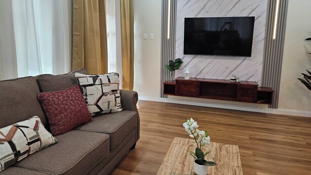 Una sala moderna con un sofá, una mesa de centro con una planta, un televisor montado en una pared de mármol y suelo de madera.